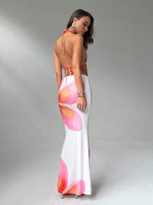 Aloruh Conjunto de top corto con escote halter y falda larga con estampado floral para vacaciones de mujer - Rosa - Ver 3