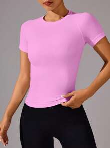 Easithlete 女士纯色圆领插肩袖短袖休闲健身运动 T 恤，无缝压缩衬衫，修身衬衫，健身衫