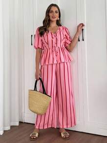 Vionelle Plus Size Pink Striped Bowknot Short Sleeve 2 Pieces Set - Pink - View 6