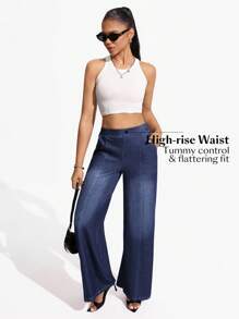 SHEIN Essnce Women's Casual & Work Wide-Leg Washed Denim Jeans - Medium Wash - View 3