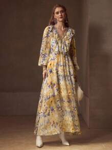 MOTF PREMIUM WOMEN'S ALLOVER FLORAL PRINT V-NECK ELABORATE RHINESTONE LAYERED RUFFLE TRIM LANTERN SLEEVE ELEGANT DRESS