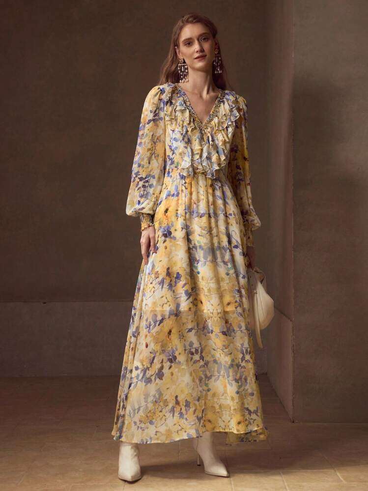 MOTF PREMIUM 女式全身花卉印花 V 领精致水钻层叠荷叶边灯笼袖优雅连衣裙 - 黃色 - 查看 6