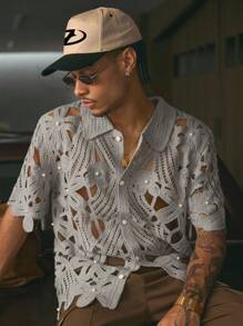 AXEPEAK Áo thun dệt kim tay ngắn khoét lỗ ngọc trai giả màu trơn cho nam - Màu Xám nhạt - Xem 4