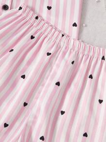 2 件套青少年女孩黑色爱心和粉白条纹短袖上衣和短裤休闲舒适睡衣套装睡衣短裤套装返校时尚