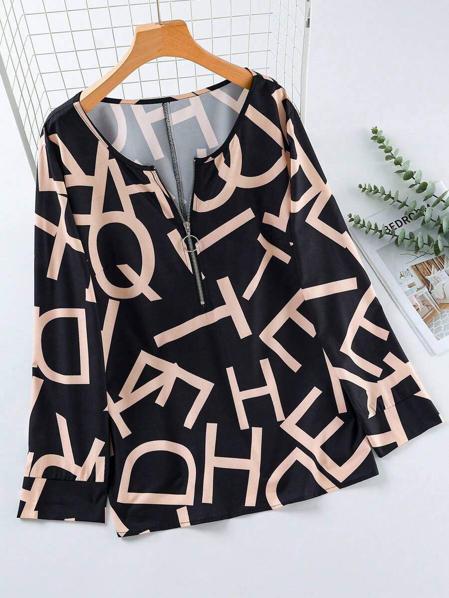 SHEIN Plus Size Women's Casual All-Over Print Zip-Up Long Sleeve Shirt - Multicolor - View 1