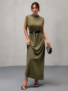 SHEIN Vestido de mujer de cuello redondo, con tirantes y mangas, de color caqui para uso casual diario
