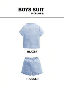 SHEIN 2 buc/set cămașă casual drăguță cu mânecă scurtă și pantaloni scurți cu talie elastică, potrivită pentru petrecere de ziua de naștere, petrecere de seară, spectacol, nuntă, petrecere baby shower, invitat la nuntă, paie, băiețel cu inele, fetiță cu flori, costume pentru bebeluși băieți, costum cu dungi pentru bebeluși băieți, ținută formală pentru bebeluși băieți - Albastru - Vizualizare 2