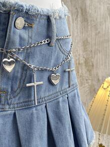 Attitoon 女士毛边褶皱牛仔A字中长裙，夏季休闲街头风超低腰褶皱牛仔裙，做旧复古水洗工艺，饰有装饰链条，Y2K风格裙装，返校季，乡村音乐会，生日，可爱夏日裙装，颓废风裙装，锐舞派对，趣味裙装，机场，夏威夷，街头女装，Y2K女装，裙子，复古女装，辣妹风裙装，牛仔风 - 淺色水洗藍 - 查看 4