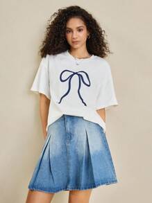 INAWLY Casual Butterfly Print Round Neck Drop Shoulder Women T-Shirt