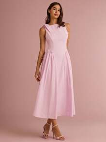Enchnt Summer/Fall Romantic Women's Pastel Pink Bowknot Shoulder Sleeveless Pleated Long Dress - Pink - View 6