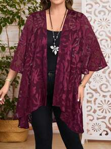 EMERY ROSE Plus Size Women Jacquard 3/4 Sleeve Open Front Casual Vacation Jacket - Burgundy - View 4