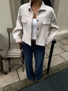 Flap Pocket Drop Shoulder Sleeve Button Front Tweed Jacket