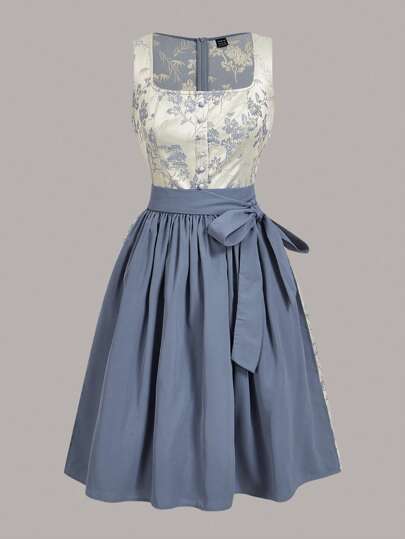 Fairmaia Vestido tradicional alemán de mujer elegante y vintage con estampado de jacquard y patchwork, vestido dirndl tradicional alemán con cuello cuadrado y sin mangas con estampado floral, para el Oktoberfest, Halloween