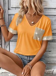 SHEIN LUNE Women's Vacation Casual Sequin Patchwork Short Sleeve T-Shirt