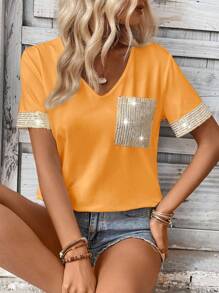 SHEIN LUNE Women's Vacation Casual Sequin Patchwork Short Sleeve T-Shirt