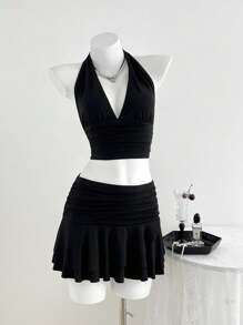 SHEIN Unity 2pcs/Set Casual Black Halter Tank Top And Mini Skirt Outfit, Vacation Style, Spring/Summer, For Going Out - Black - View 3