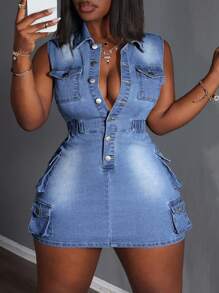 Slaydiva 大码女式单排扣修身牛仔连身裤迷你连衣裙 - 藍色 - 查看 6