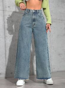 SHEIN ICON Vaqueros rectos de pierna con lavado de borde casual - Azul lavado oscuro - Ver 3