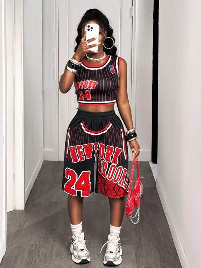 BamGleam Women's Summer Letter Striped Crop Top And Shorts 2 Pieces Set, Casual