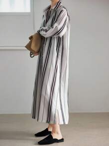 Dazy-Less Langarm gestreiftes Midikleid in lockerer Passform, Casual/Business Formelle Kleidung für Damen, Frühling/Sommer/Herbst