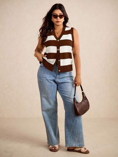 Elaquor 大码休闲通勤拼色条纹针织背心，秋冬女士度假装