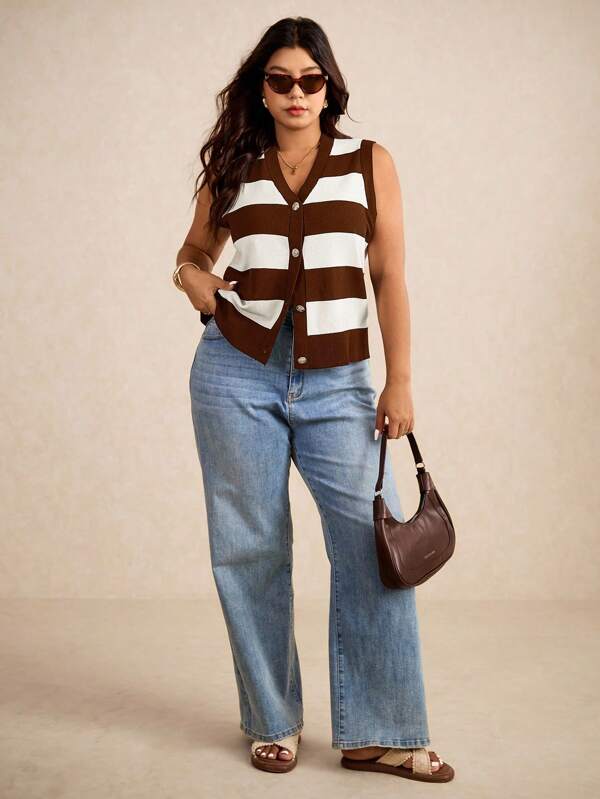 Elaquor Plus Size Casual Commuter Colorblock Striped Knit Vest,Holiday Outfits For Women In Fall/Winter