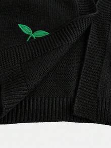 SHEIN Girlism Teen Girls Black & Red Cute Cherry Fruit Embroidery Pattern Versatile Knitted Cardigan Sweater Jacket,In Fall/Winter