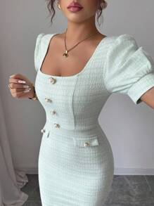 Selianne Bodycon-Kleid mit quadratischem Ausschnitt, Puffärmeln und Knopfverschluss