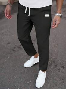 Manfinity Homme 男士直筒裤，松紧腰，抽绳，袖口有小细节，秋季 - 黑色 - 查看 4