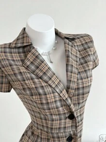 Elamini 女式休闲格子纽扣前迷你连衣裙，夏季 - 彩色 - 查看 3