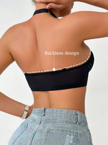 SHEIN Black Fantasy Women's Push Up Bralette With Criss Cross Halter Design, Sparkling Rhinestone Embellishments, And Backless Appeal. - Black - View 2