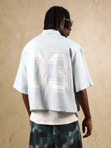 SUMWON Gingham Check Summer Shirt Oversized Button Down Classic Crop Fit Short Sleeve Printed Number Casual Street Style Baseball Varsity - Blue - View 1