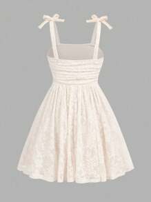 女童可爱优雅杏色花卉针织吊带连衣裙 - 杏色 - 查看 3