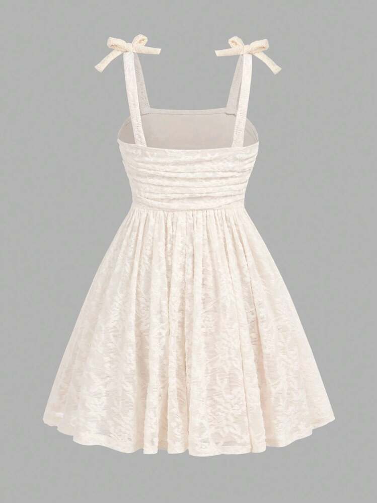 女童可爱优雅杏色花卉针织吊带连衣裙 - 杏色 - 查看 3