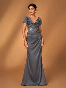 Serin 优雅奢华黑色刺绣蕾丝串珠拼布缎面褶饰美人鱼下摆短袖连衣裙，适合婚礼、派对、度假、庆典、正式场合、新娘母亲礼服 - 黑色 - 查看 1