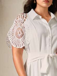 Anewsta Vestido de mujer de un solo pecho sin mangas de color liso con diseño calado y empalmes - Blanco - Ver 5