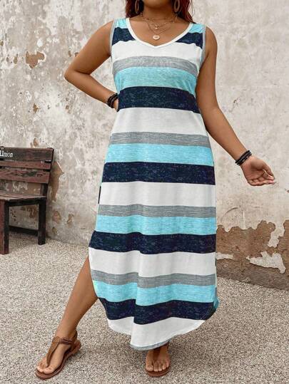 SHEIN PETITE Vestido casual a rayas para mujer talla grande, primavera/verano