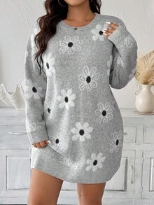 EMERY ROSE Plus Size Women Floral Pattern Round Neck Drop Shoulder Long Sleeve Knitted Dress Winter Fall Autumn - Grey - View 4