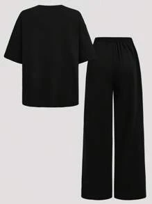 SHEIN Girlism 2 件套青少年女孩休闲宽松圆领针织花卉褶皱上衣和短裤套装，黑色，舒适的日常穿着，适合日常、返校、节日家庭户外春季野餐和街头服饰等各种场合 - 黑色 - 查看 2