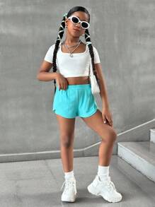 SHEIN Tween Girls Elastic Waist Loose Fit Knit Shorts, Casual Sports Style - Mint Green - View 5