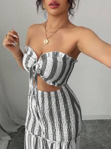 Elenzga 2025 Summer New Arrival Black & White Striped Sexy Elegant Lady Versatile Waist Tie Strapless Sleeveless Dress, Suitable For Dates, Outings, Vacations, Holidays, Independence Day, Back To School, Teacher's Outfit, Weddings, Parties, Music Festivals, Oktoberfest, Halloween, Thanksgiving - Black and White - View 6