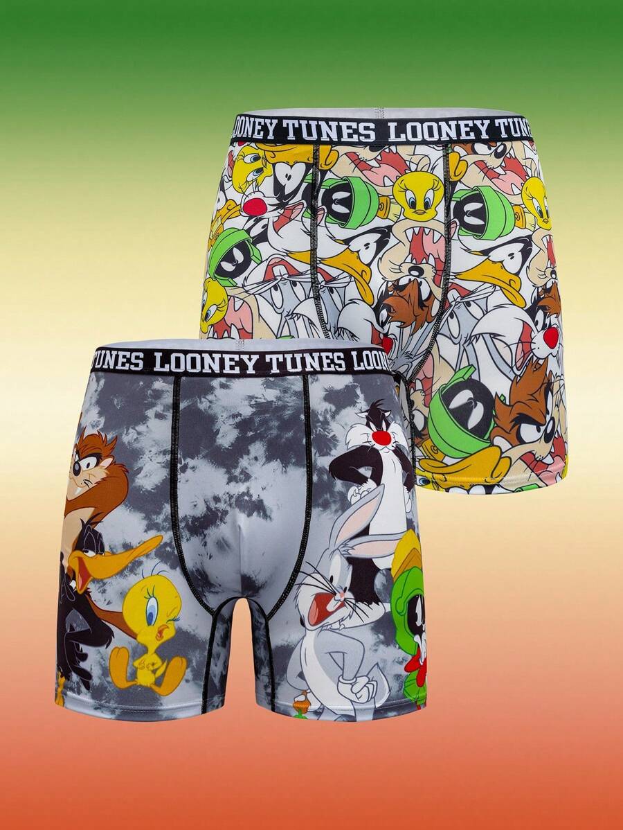 LOONEY TUNES X SHEIN 2 chiếc quần lót Boxer họa tiết hoạt hình dễ thương cho nam - Nhiều màu - Xem 1