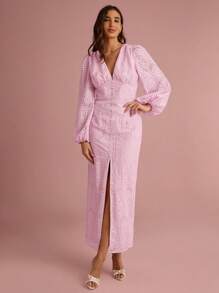 Enchnt Summer/Fall Romantic Women's Pink Floral Hollow Embroidery V-Neck Lantern Sleeve High Slit Maxi Dress - Pink - View 5