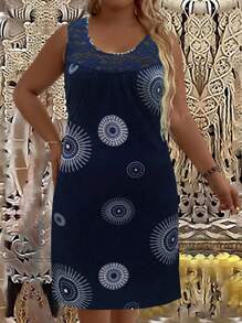 EMERY ROSE Vestido de verano informal de talla grande para mujer con cuello redondo, sin mangas, tirantes anchos y patchwork de encaje