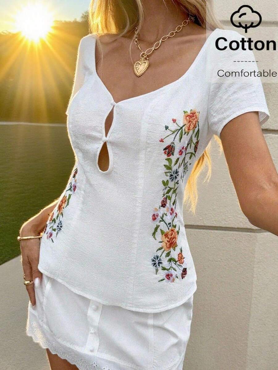 SHEIN Frenchy Áo sơ mi tay ngắn thêu hoa giản dị cho nữ mùa hè - trắng - Xem 1