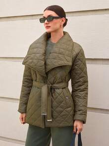 CLARA VERO Women Solid Color Padded Style Belted And Pocket Detailed Winter Coats - Khaki - View 3