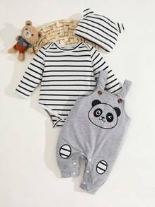 SHEIN 3件套婴儿/新生儿/幼儿男童舒适套装：条纹连体衣、灰色围兜裤、带可爱熊猫刺绣的条纹帽。休闲、舒适、时尚、简约、实用、多功能、柔软可爱，是送礼佳品，每个宝宝的必备单品。适合所有季节，秋冬季户外活动皆宜。