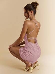 SHEIN BAE 夏季女式露背亮片提花绿色度假迷你连衣裙 - 藕粉色 - 查看 3