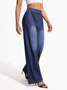 SHEIN Essnce Women's Casual & Work Wide-Leg Washed Denim Jeans - Medium Wash - View 6
