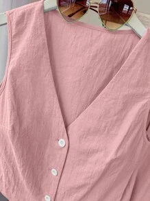 INAWLY Women Summer Solid Color Single Button Vest And Loose Casual Pants With Pockets Two-Piece Set - Dusty Pink - View 3